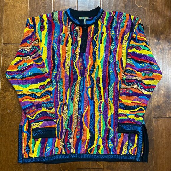 COOGI Australia Vintage 3-D Knit 1/4 Zip Multicolor Sweater Cotton Men's Size XL - Picture 3 of 9